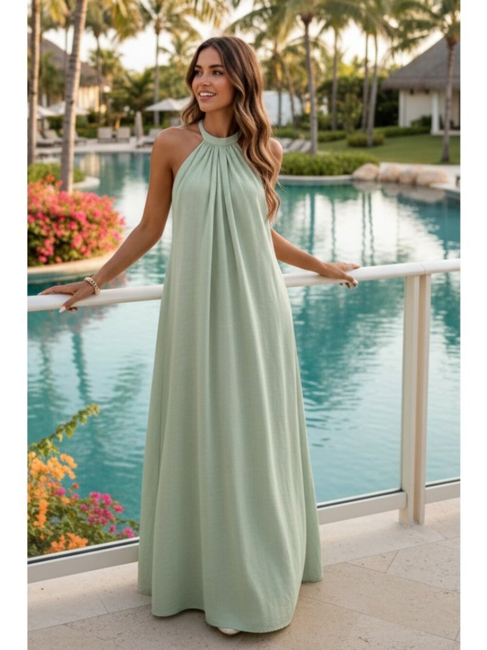 Pleated High Neck Halter Backless Relaxed Fit Drape Sleeveless Drape Maxi Dress